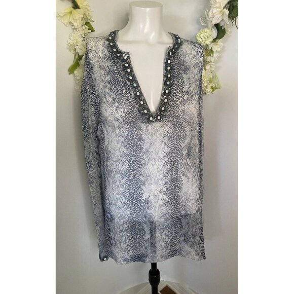Bella Tu Sheer Silk Tunic Cover Up Navy Blue Snake Print Embellished Beaded Sz 8 - Picture 1 of 16
